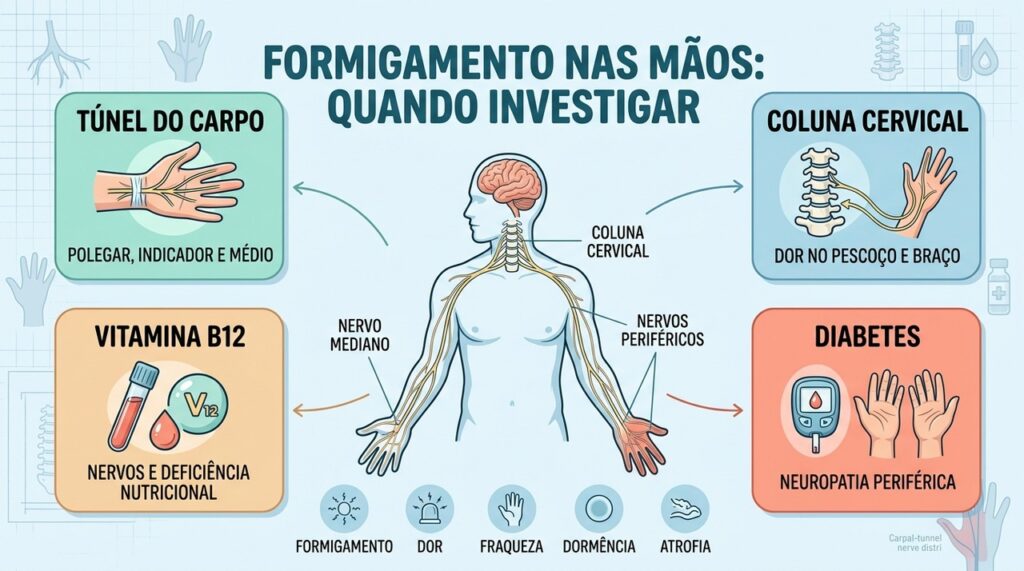 Túnel do carpo, coluna cervical, B12 e diabetes estão entre as causas possíveis.