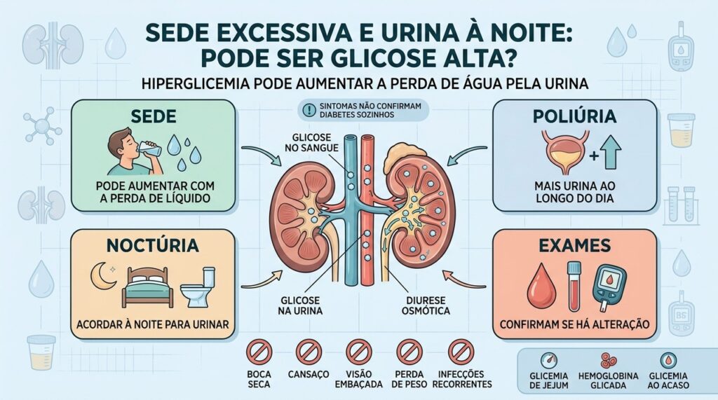 Sede, poliúria, noctúria e exames ajudam a investigar possível hiperglicemia.