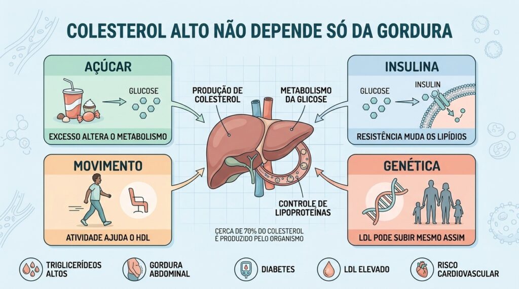 Açúcar, insulina, movimento e genética ajudam a explicar o colesterol elevado.