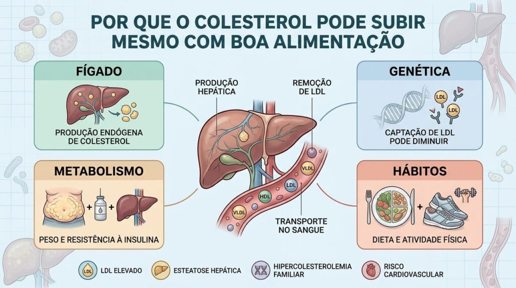Fígado, genética, metabolismo e hábitos atuam juntos no controle do colesterol.