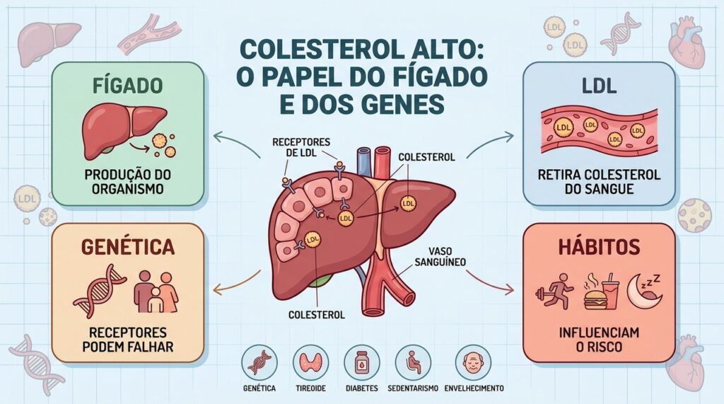 Fígado, receptores de LDL, genética e hábitos ajudam a explicar o colesterol elevado.