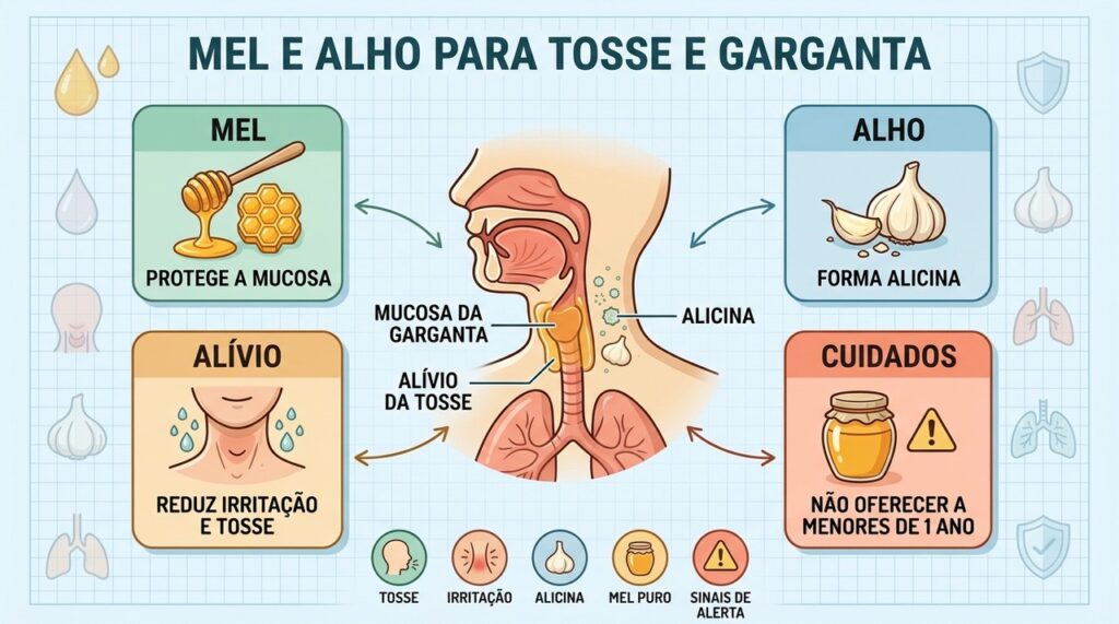 Mel protege a garganta, enquanto o alho libera alicina após ser amassado.