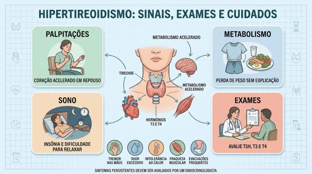 Palpitações, metabolismo acelerado, insônia e exames orientam a investigação do hipertireoidismo.