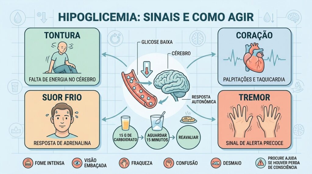 Tontura, taquicardia, suor frio e tremores ajudam a reconhecer a hipoglicemia.