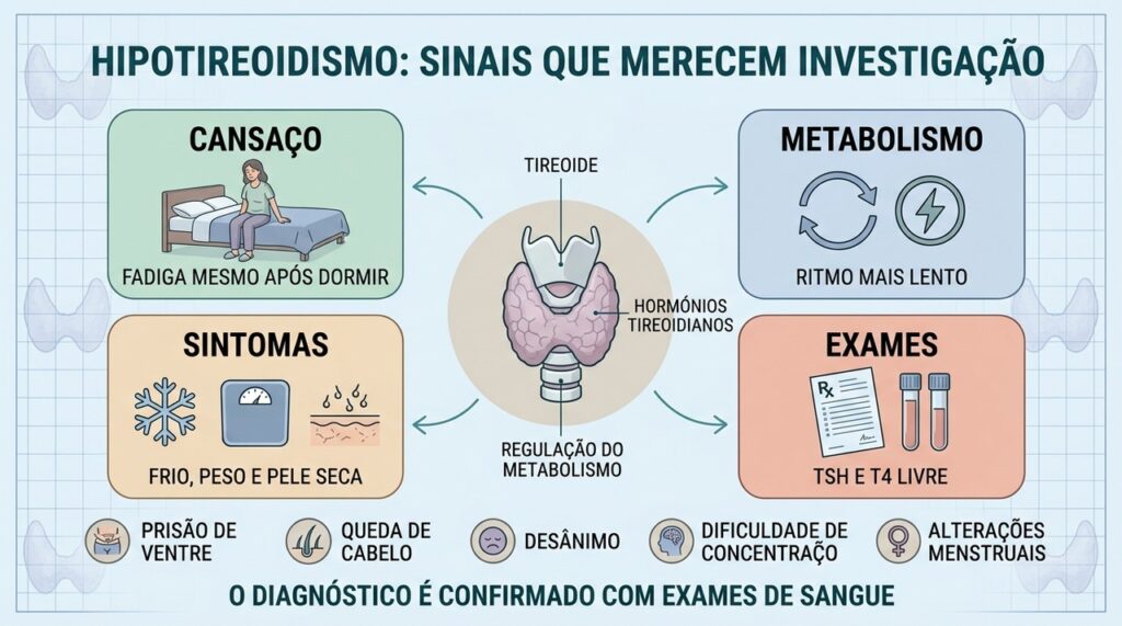 Cansaço, metabolismo lento, sintomas associados e exames ajudam a investigar o hipotireoidismo.