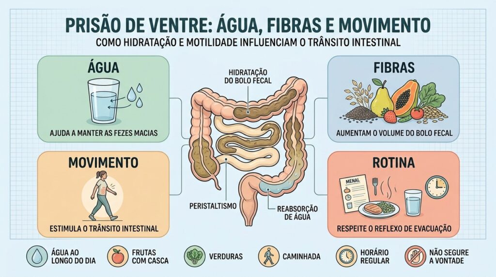 Hidratação, fibras, movimento e rotina ajudam a manter o trânsito intestinal regular.