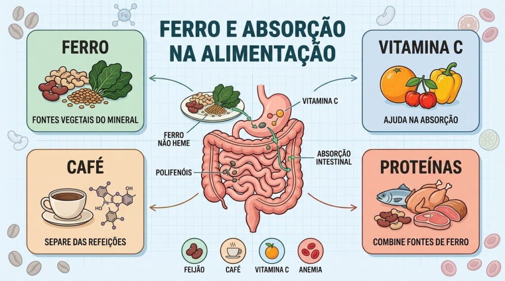 Ferro vegetal, vitamina C e horário do café influenciam a absorção do mineral nas refeições.