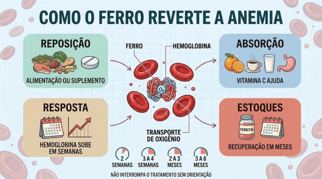 Quatro etapas explicam absorção, resposta da hemoglobina e reposição dos estoques.