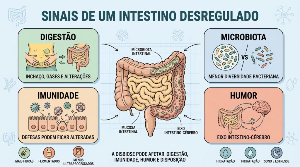Digestão, microbiota, imunidade e humor refletem o equilíbrio do intestino.