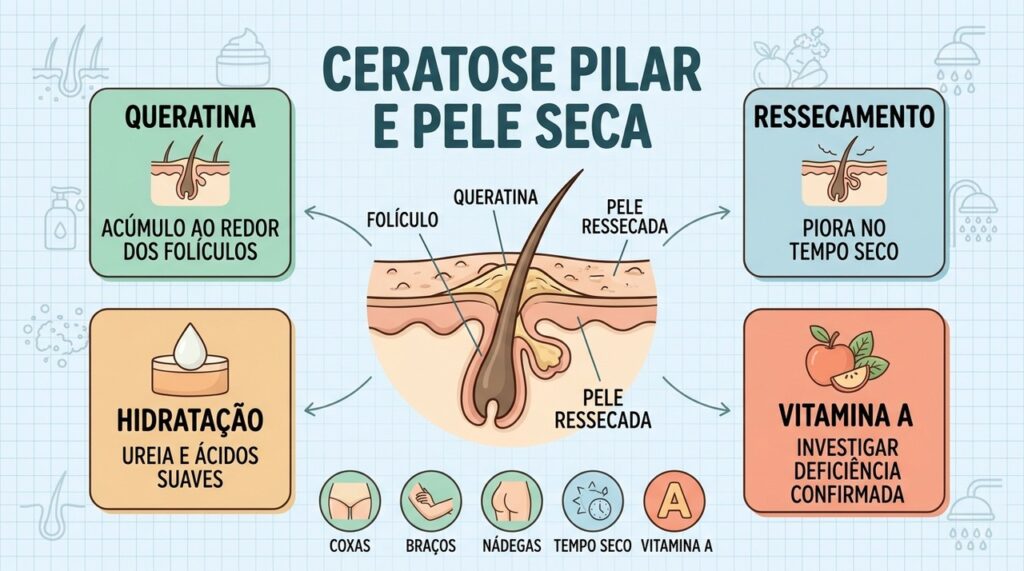 Hidratação, queratina e vitamina A ajudam a entender a ceratose pilar.