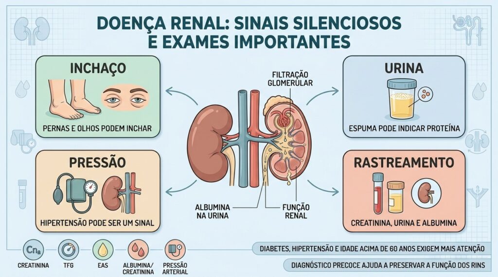Inchaço, urina, pressão e exames simples ajudam a detectar doença renal cedo.