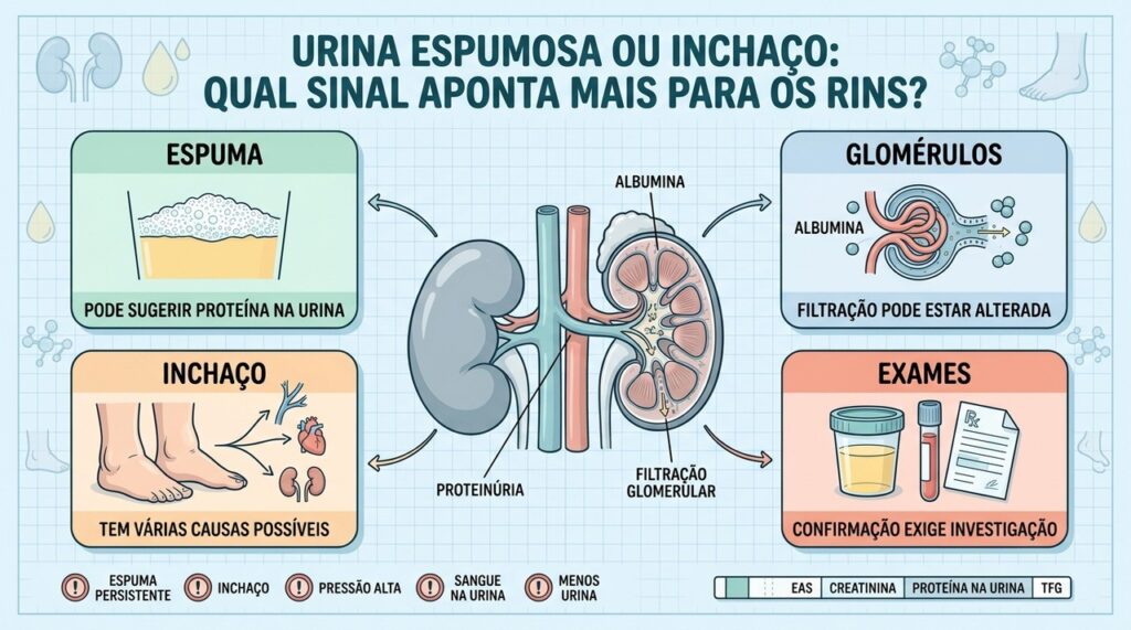 Proteinúria, edema e exames simples ajudam a diferenciar sinais realmente ligados aos rins.
