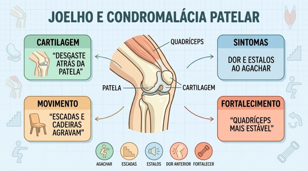 Cartilagem, movimento e fortalecimento explicam os principais cuidados na condromalácia patelar.