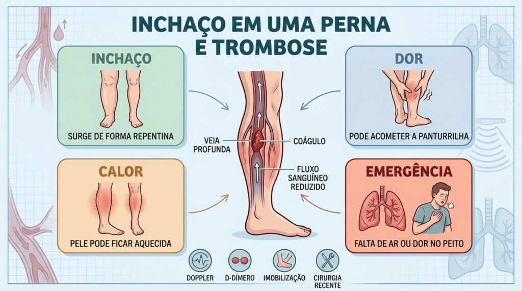 Inchaço unilateral, dor, calor e falta de ar são sinais importantes de alerta.