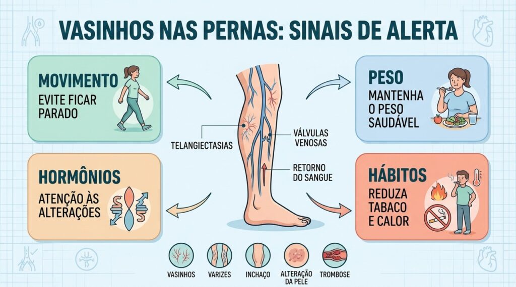 Movimento, peso, hormônios e hábitos influenciam a saúde das veias das pernas.