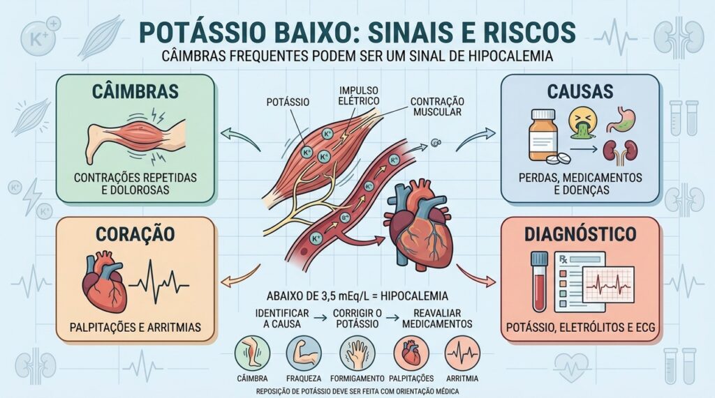 Câimbras, causas, risco cardíaco e exames ajudam a identificar hipocalemia.