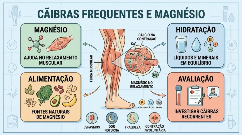 Magnésio, hidratação, alimentação e avaliação ajudam a investigar cãibras frequentes.