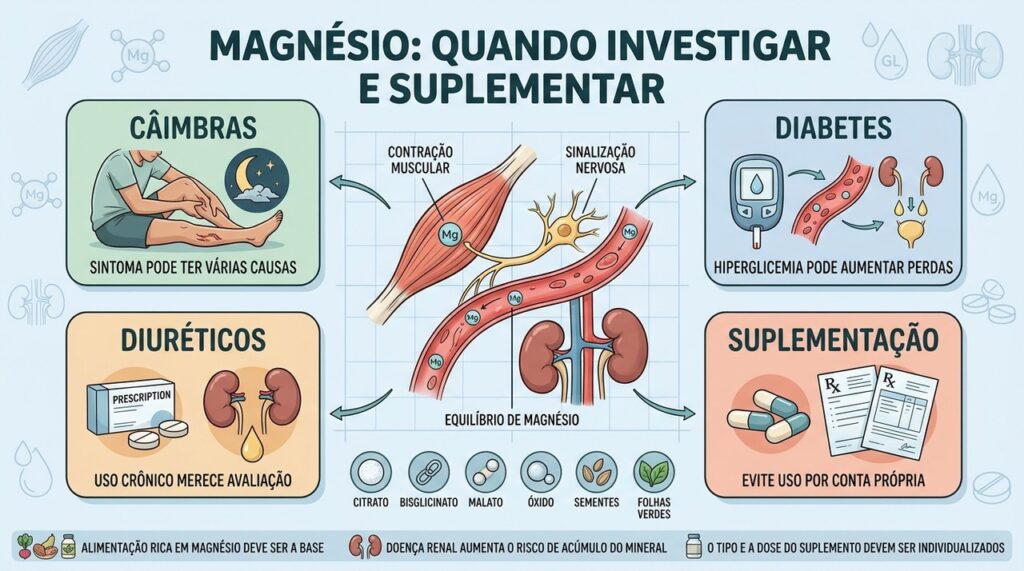 Câimbras, diabetes, diuréticos e função renal orientam a suplementação de magnésio.