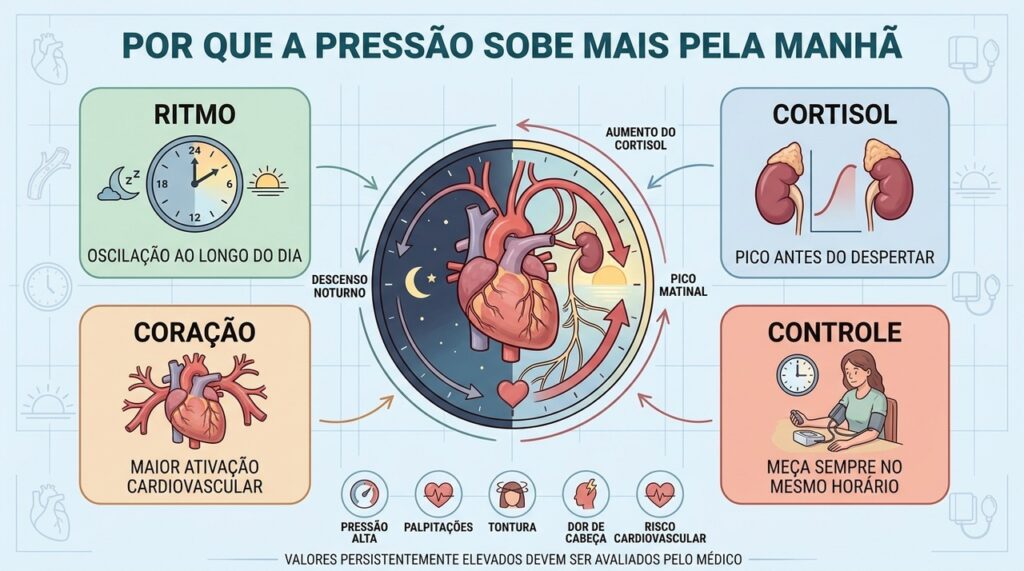 Ritmo circadiano, cortisol, coração e monitoramento explicam o aumento matinal da pressão.
