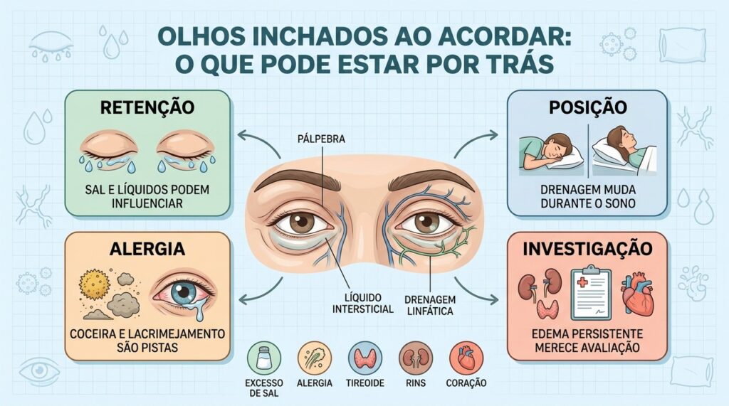Retenção, posição, alergia e causas sistêmicas ajudam a explicar o inchaço matinal.