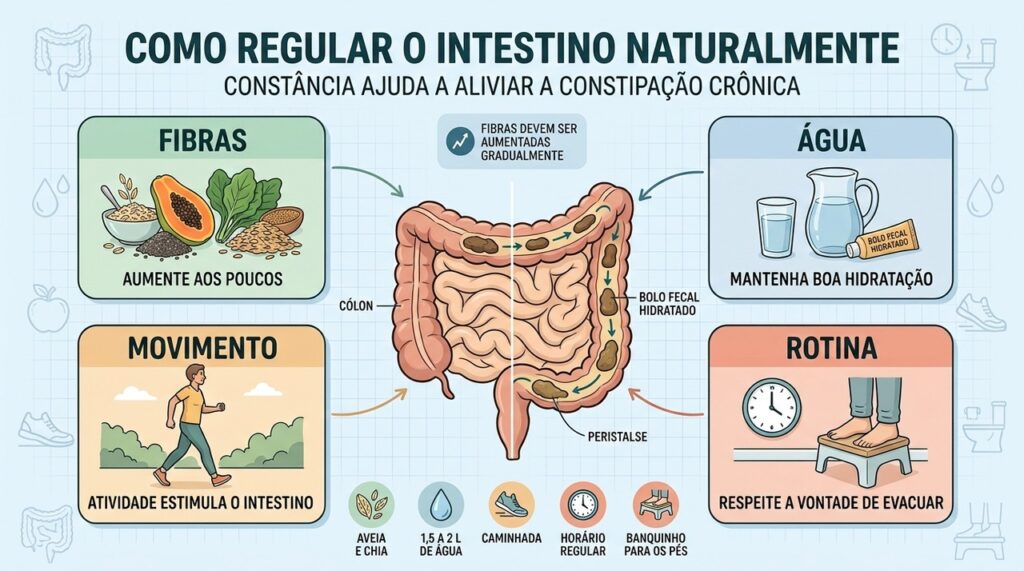 Fibras, hidratação, movimento e rotina intestinal formam a base contra a constipação crônica.