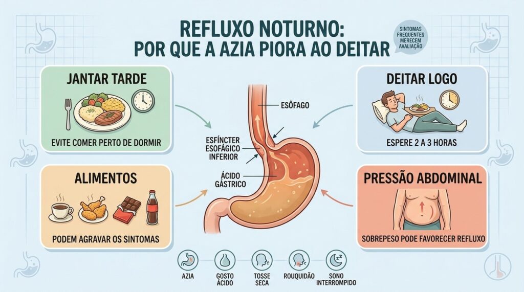 Horário das refeições, posição e pressão abdominal influenciam diretamente o refluxo noturno.