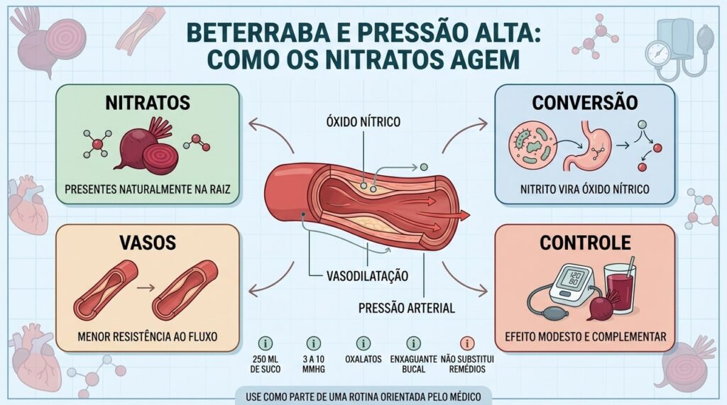 Nitratos, óxido nítrico e vasodilatação explicam o efeito da beterraba na pressão.