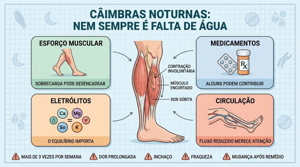 Esforço, medicamentos, eletrólitos e circulação ajudam a explicar câimbras noturnas recorrentes.