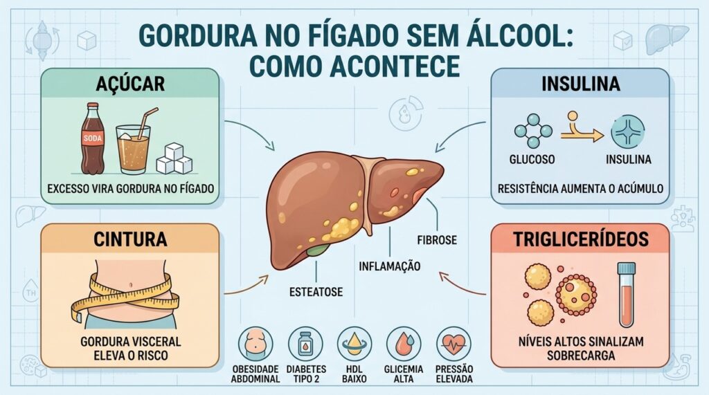 Açúcar, resistência à insulina, gordura visceral e triglicerídeos favorecem a esteatose metabólica.