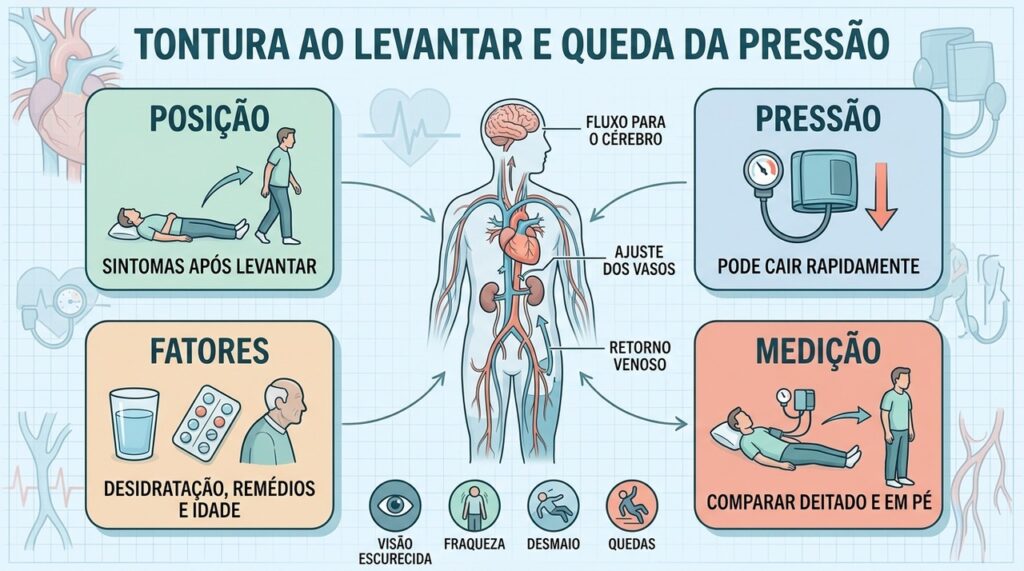 Postura, pressão, hidratação e medição em pé ajudam a investigar a hipotensão ortostática.