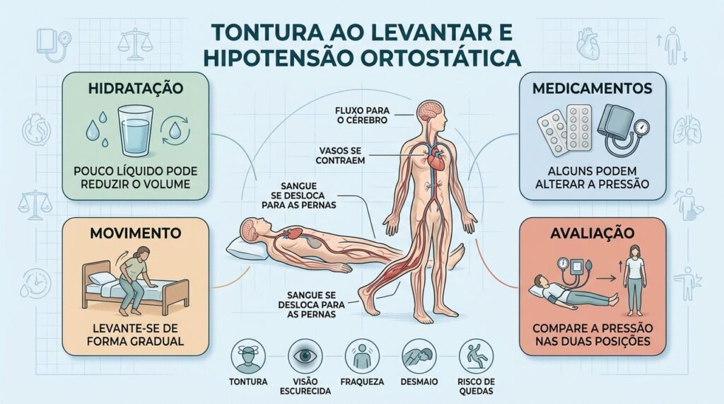 Hidratação, medicamentos e adaptação circulatória influenciam a pressão ao ficar em pé.