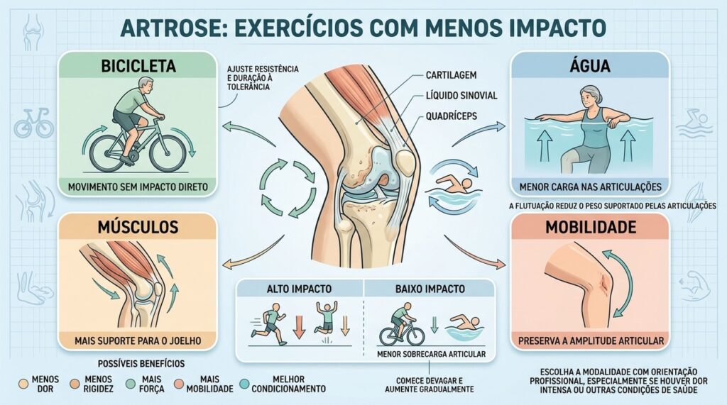 Bicicleta e exercícios aquáticos reduzem impacto enquanto favorecem força e mobilidade articular.