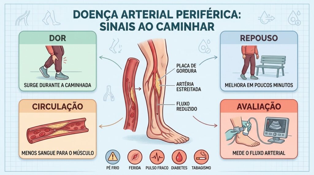 Dor ao caminhar, alívio no repouso e fluxo reduzido sugerem doença arterial periférica.