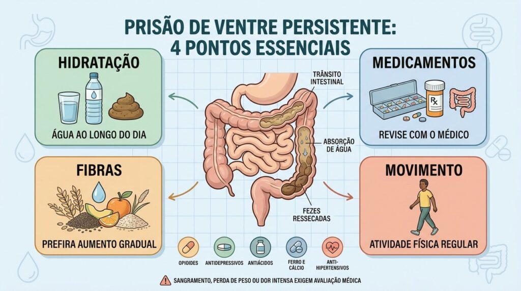 Hidratação, medicamentos, fibras e movimento influenciam diretamente a constipação persistente.