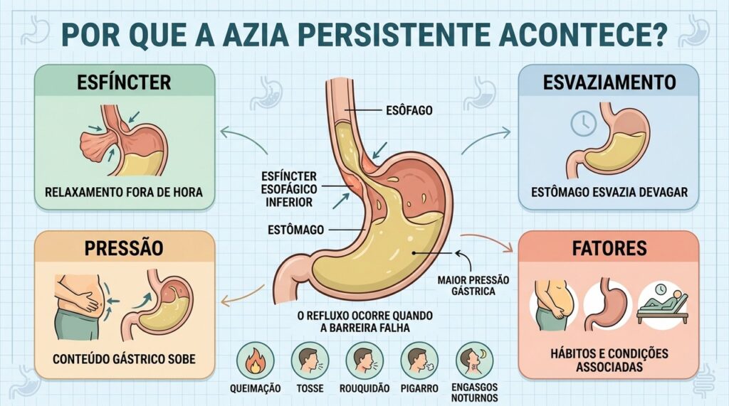 Esfíncter, esvaziamento, pressão e fatores associados explicam a azia persistente.