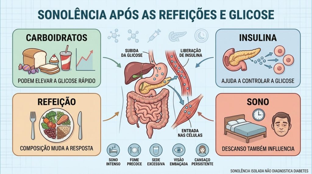 Carboidratos, insulina, composição da refeição e sono influenciam a sonolência pós-prandial.
