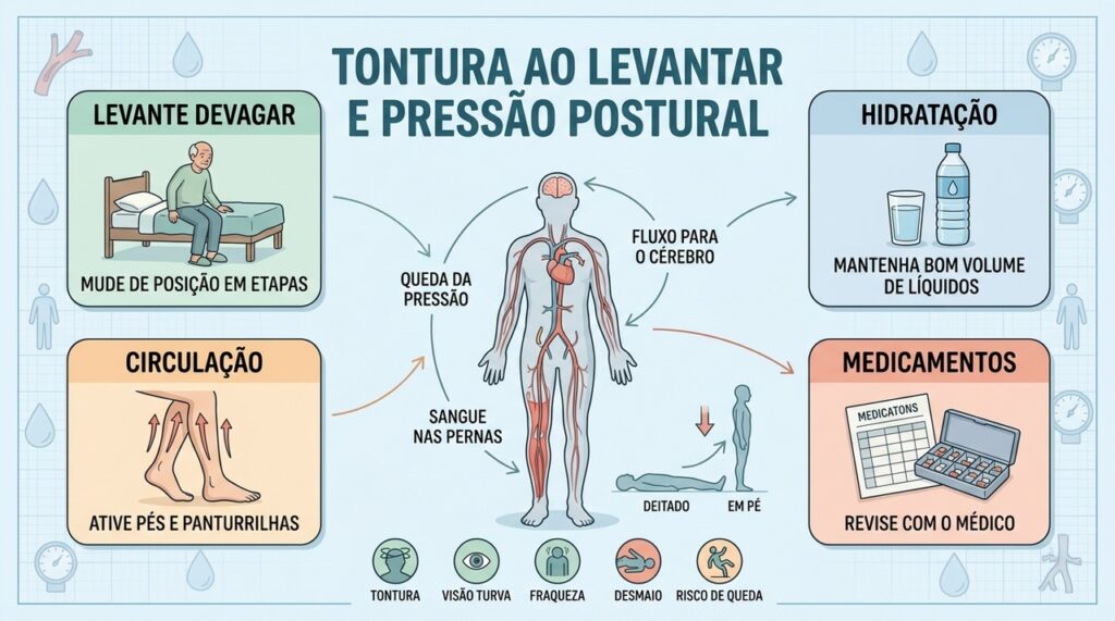 Levantar em etapas, hidratar-se e revisar medicamentos ajudam a prevenir hipotensão postural.