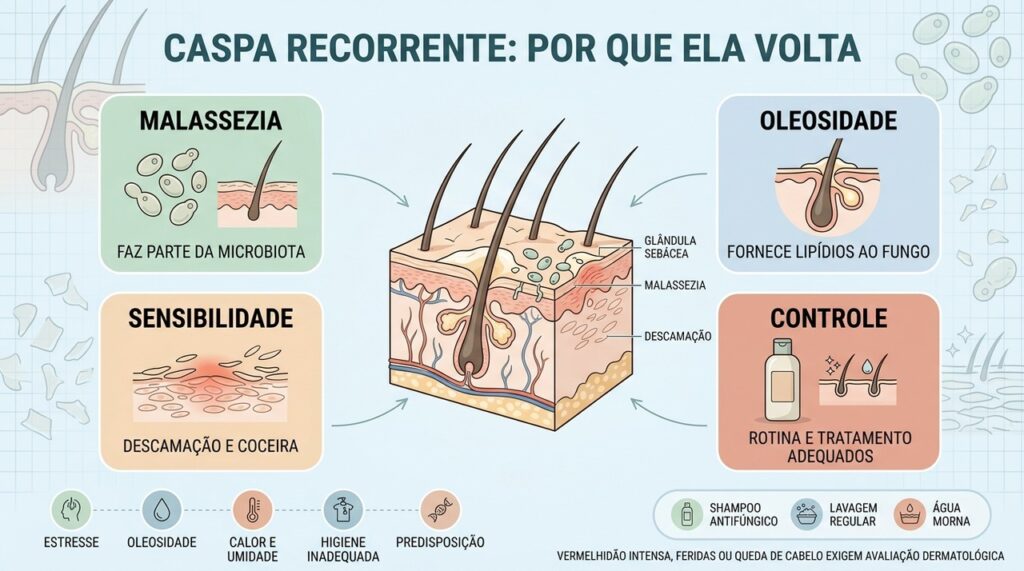 Malassezia, oleosidade, sensibilidade e rotina explicam a recorrência da caspa.