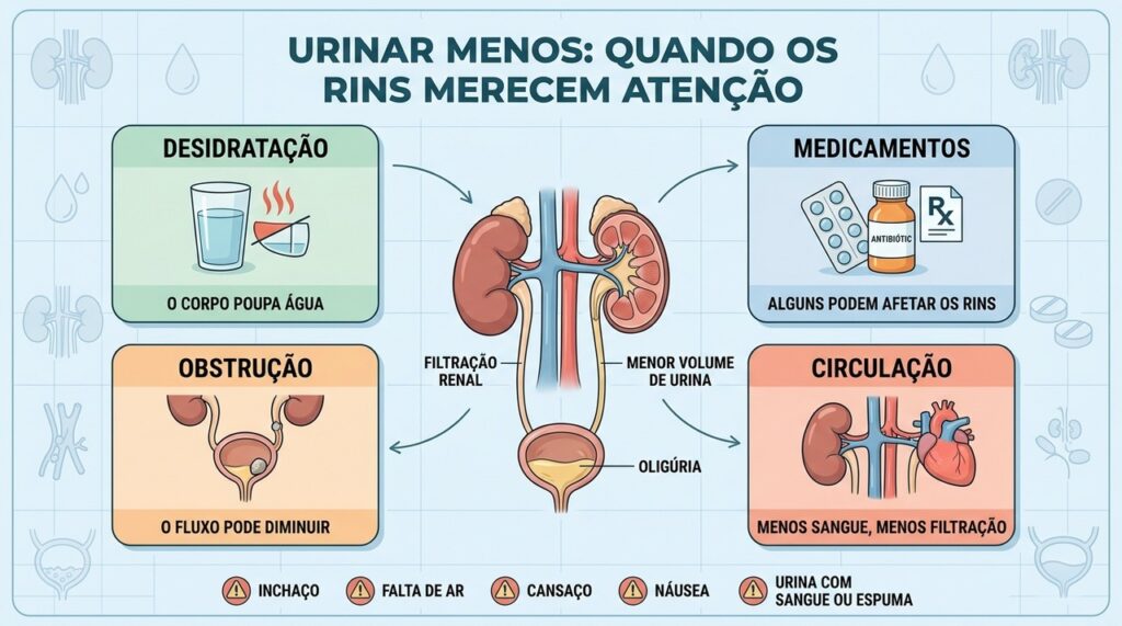 Desidratação, remédios, obstruções e circulação podem reduzir o volume de urina.