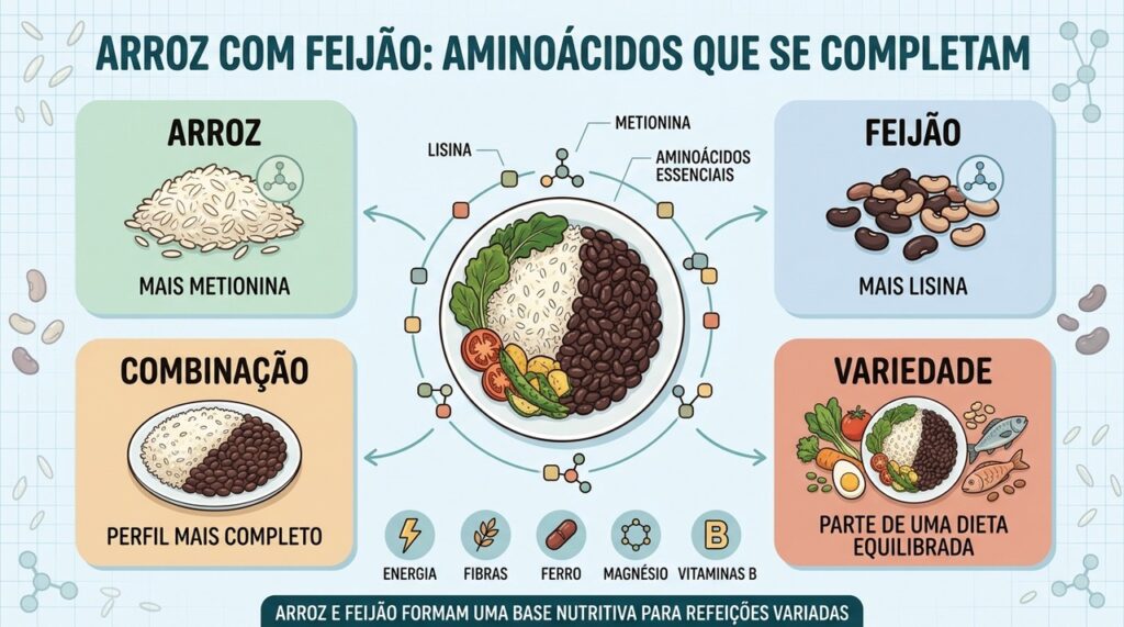 Arroz fornece metionina, feijão fornece lisina e juntos ampliam a qualidade proteica.