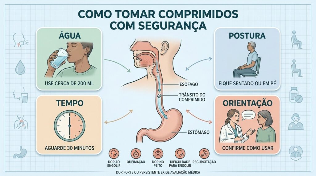 Água, postura, tempo e orientação reduzem o risco de esofagite medicamentosa.