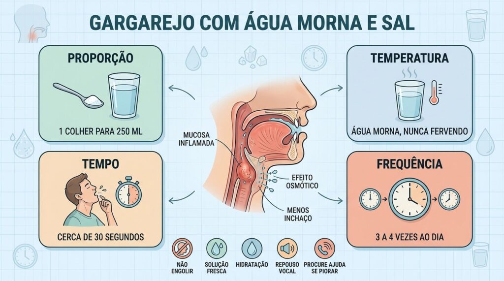 Proporção, temperatura, tempo e frequência ajudam a fazer o gargarejo corretamente.