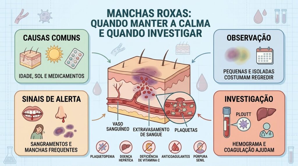 Causas comuns, sinais de alerta e exames ajudam a avaliar manchas roxas espontâneas.