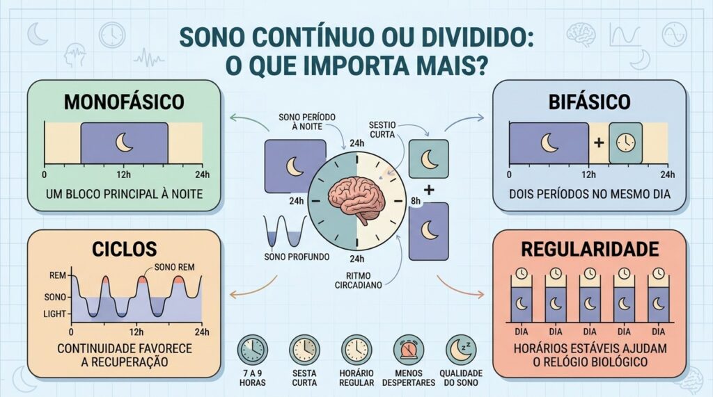 Ciclos, duração, regularidade e continuidade ajudam a comparar sono monofásico e bifásico.
