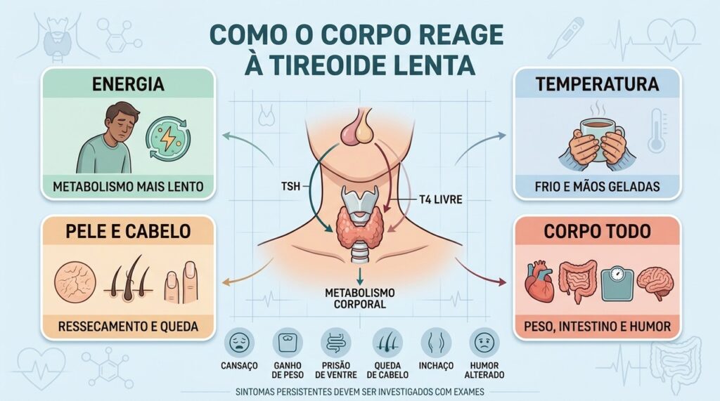 Energia, temperatura, pele, cabelo e metabolismo mudam quando a tireoide desacelera.