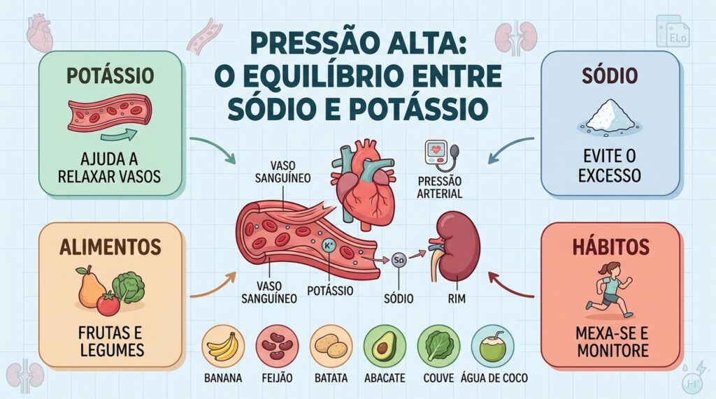 Potássio, sódio, alimentação e hábitos formam um conjunto importante para controlar a pressão.