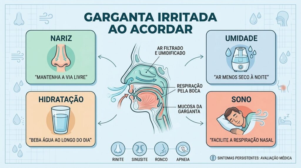 Nariz livre, hidratação e umidade ajudam a reduzir o ressecamento da garganta durante o sono.