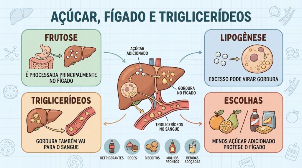 Frutose, lipogênese e triglicerídeos explicam como o açúcar afeta o fígado.