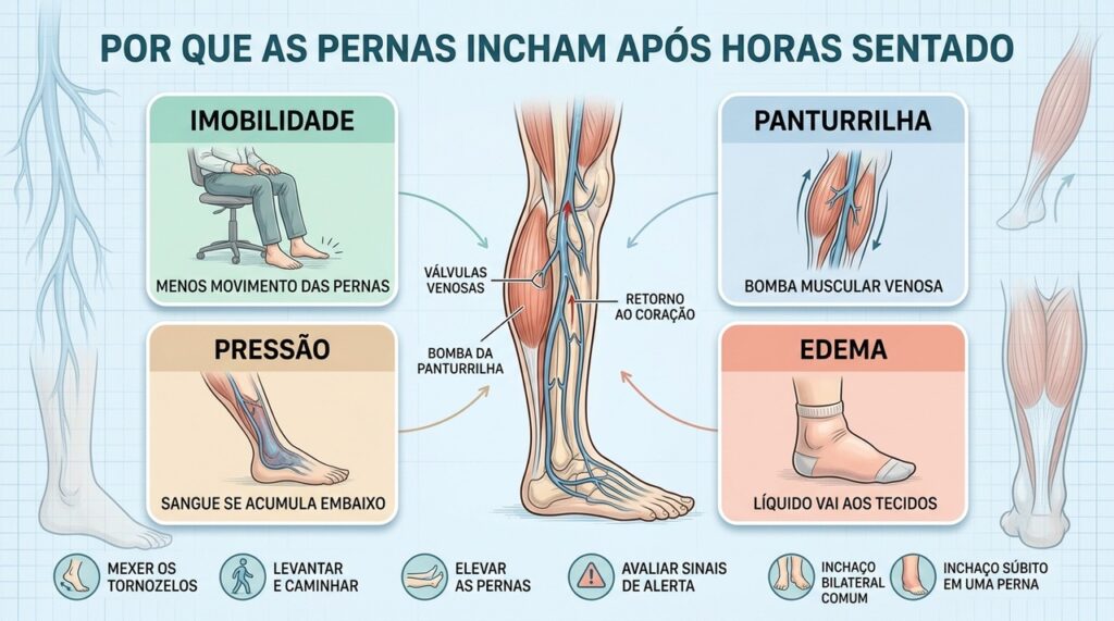 Imobilidade, bomba da panturrilha e pressão venosa explicam o edema no fim do dia.