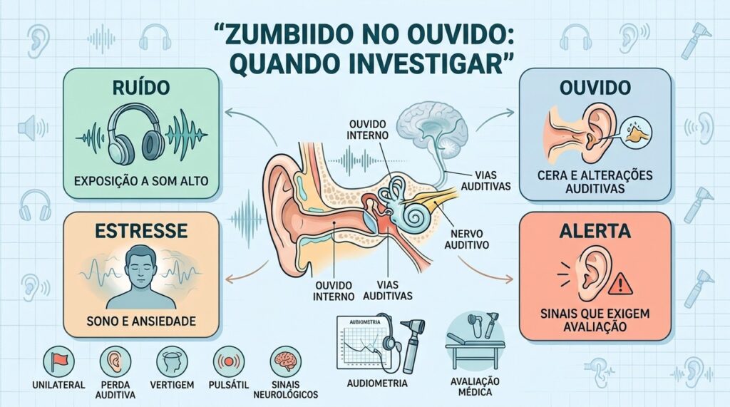 Unilateralidade, perda auditiva e vertigem são sinais que mudam a prioridade da investigação do zumbido.